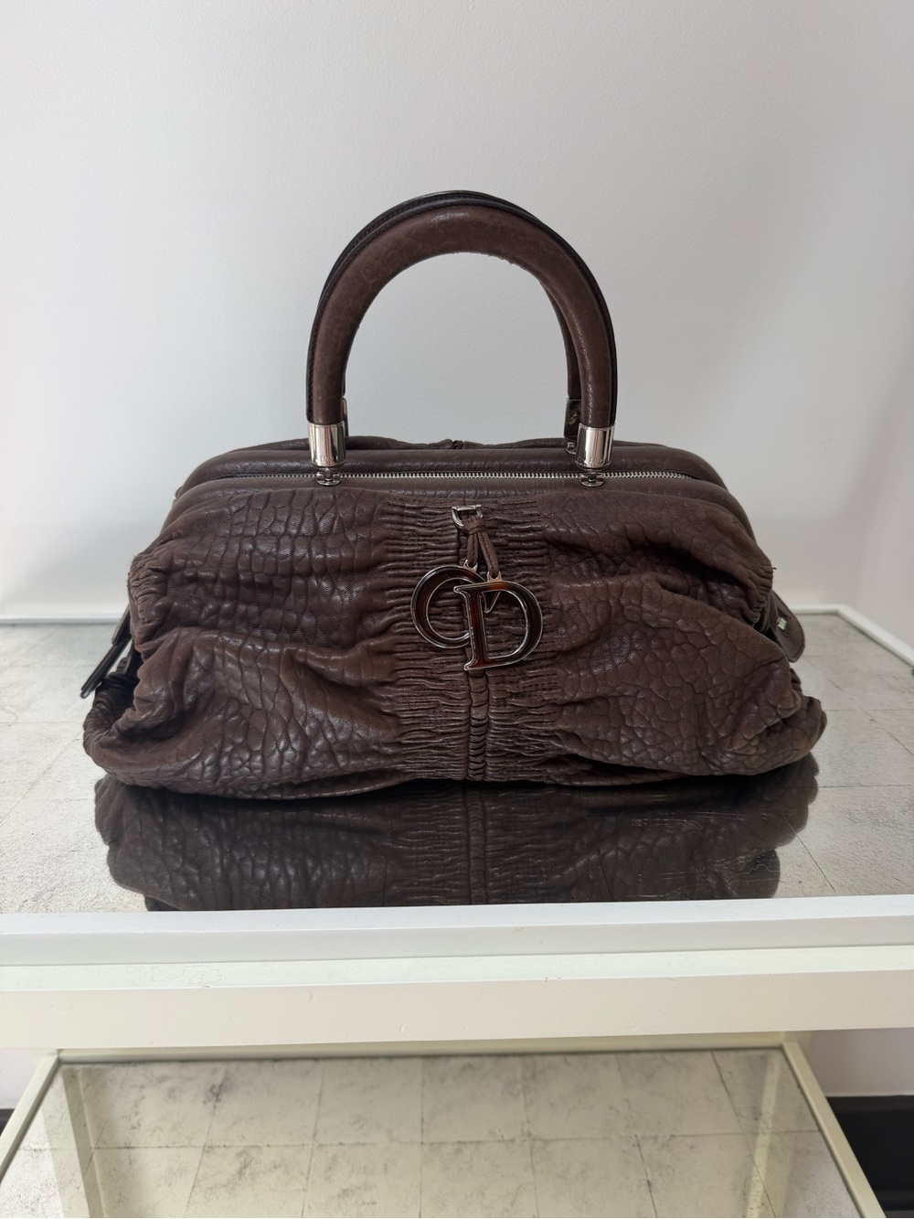 Dior Dark Brown Textured Leather Satchel with CD Charm